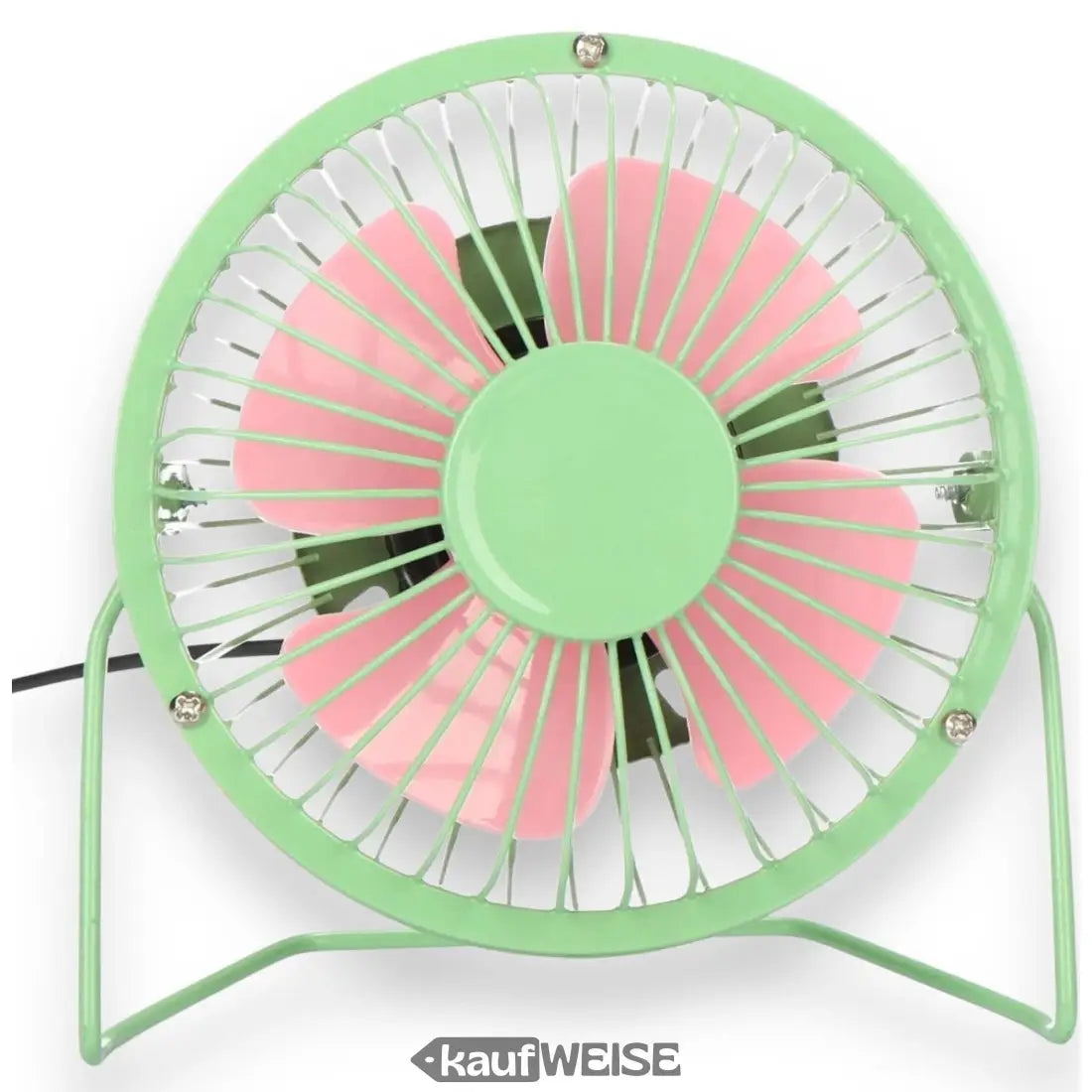 Mintgrüner Metallventilator mit pinken Flügeln auf dem Schreibtisch, kompakte Mini-Ansicht