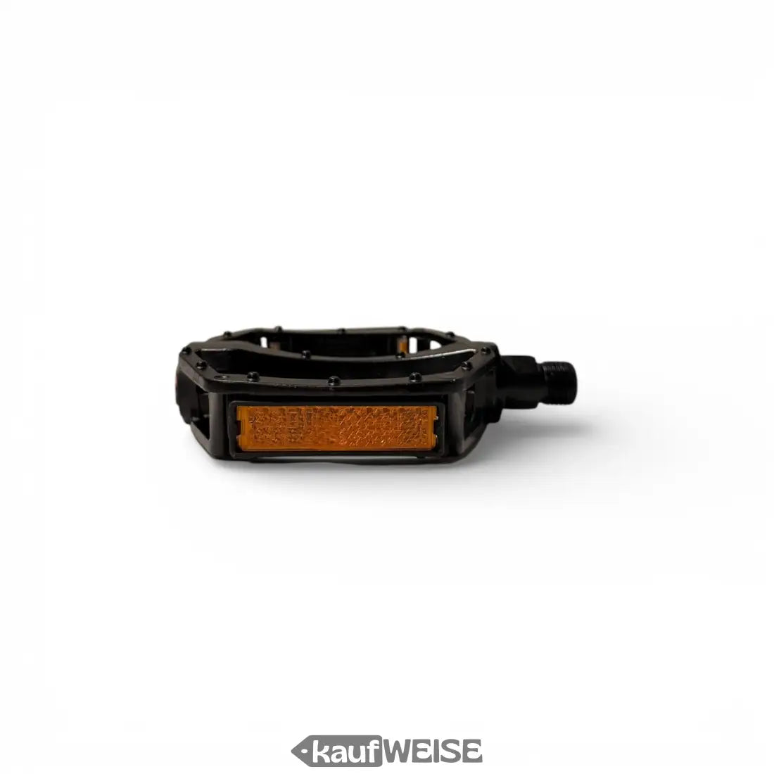 Schwarzes Metall-Plattform-Pedal mit orange Reflexstreifen und Anti-Rutsch-Pins