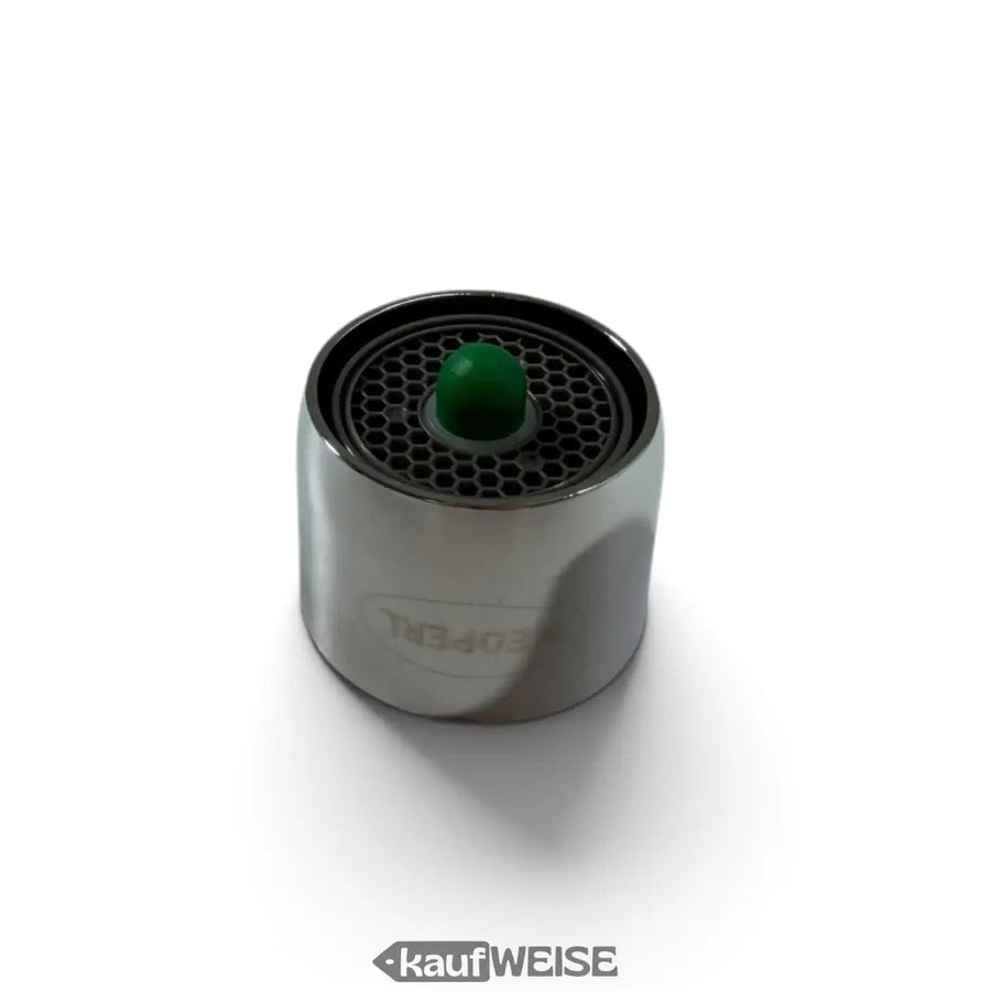 Chrome-finished neoperl push aerator with green rubber button and hexagonal mesh screen for m22x1 faucets