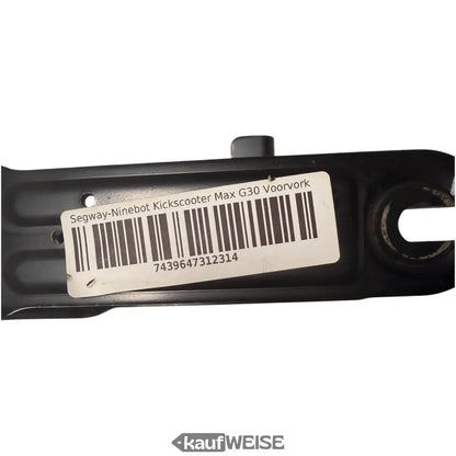 Schwarze Original Ninebot Max G30 Vorderradgabel mit weißem Etikett und Barcode