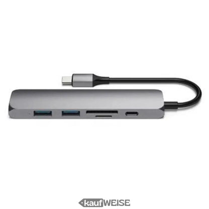 Silberner USB-C Hub mit mehreren Ports und schwarzem Kabel für Satechi V2 Adapter